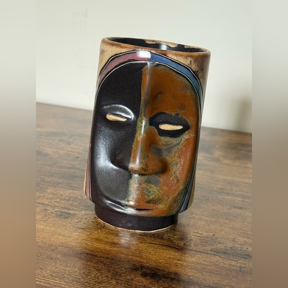 Mara Stoneware Sculpted Stein Mug  Dark Mask Design Handmade in Mexico - Picture 4 of 13